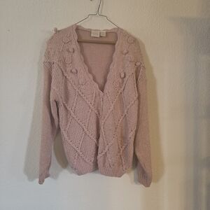Textured V-Neck Bobble Knit Cardigan in Light Pink
